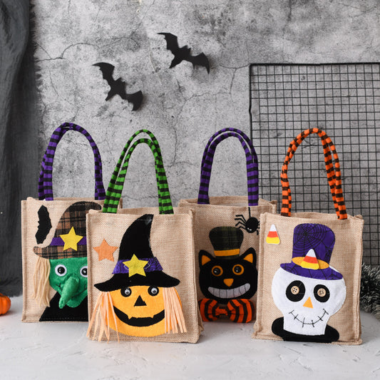 Halloween Süßigkeiten-Tragetasche für Kinder - Lustige kreative Hexe, Totenkopf, Katze und Kürbis